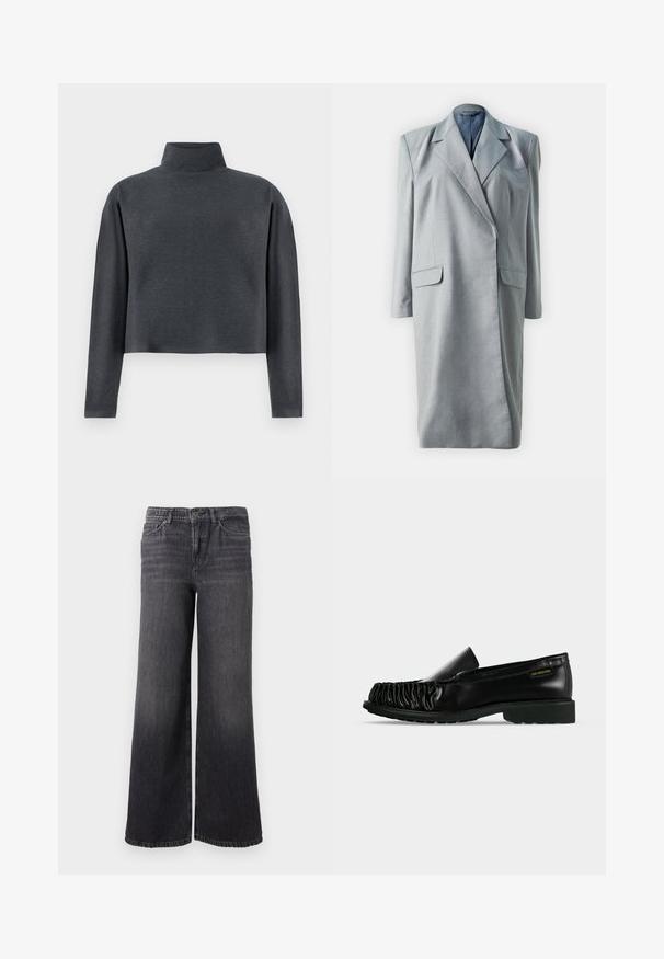 Robe-blazer grise ajustée avec des manches longues, des revers, et deux poches avant. Tissu lisse avec une silhouette structurée.; DRYKORN ASIRAL - Sweatshirt - grey; Jean en denim gris foncé à jambe large avec un dégradé subtil, doté d'une fermeture à bouton, de cinq poches et d'un ourlet droit au niveau de la cheville.; Mocassin en cuir noir avec détail froncé à l’avant et semelle basse et épaisse, marqué d’une petite étiquette "Love Moschino" sur le côté.