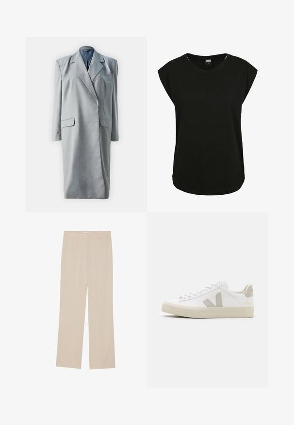 Grau geschnittenes Blazer-Kleid mit langen Ärmeln, Reverskragen und zwei Fronttaschen. Glattes Gewebe mit strukturierter Silhouette.; Schwarz, kurzes T-Shirt aus weichem Stoff mit rundem Ausschnitt. Hat eine lockere Passform mit leichtem Schulter-Drappierung.; Beige weite Hose mit glatter Textur, maßgeschneidertem Schnitt, zwei vorderen Taschen und dezentem Knickdetail entlang der Beine.; Weiße Sneaker aus Leder mit grauen V-Logo-Akzenten, strukturiertem Gummiabsatz, weißen Schnürsenkeln sowie gepolstertem Zungen- und Knöchelbereich.