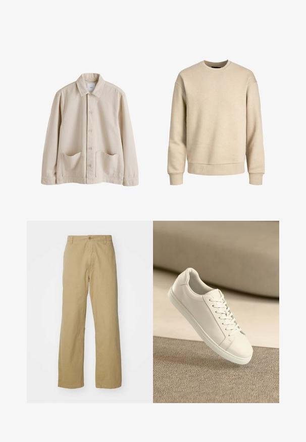 Beige Hemdjacke mit Kragen und zwei großen Fronttaschen aus robustem Stoff, auf weißem Hintergrund dargestellt.; Beige Sweatshirt aus weichem Stoff, mit Rundhalsausschnitt, langen Ärmeln und gerippten Bündchen und Saum für eine lässige Passform.; Khakifarbene Baumwollhose mit geradem Bein, ausgestattet mit einem vorderen Knopfverschluss und Seitentaschen. Glatte, robuste Textur.; Weißes Leder Sneaker mit weißen Schnürsenkeln, auf einer beigefarbenen strukturierten Oberfläche präsentiert, und einem sanft verschwommenen Hintergrund.