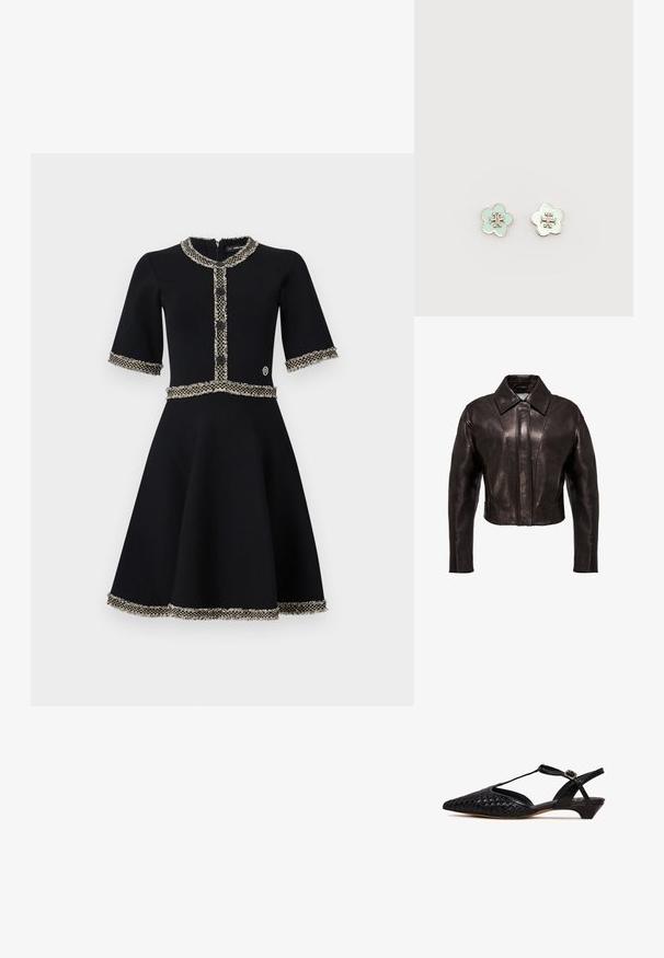 Brun læder cropped jakke med klassisk krave, der har lodrette sømme og lange ærmer, som fremviser en glat, poleret tekstur.; Sort kjole med korte ærmer, rund halsudskæring, tekstureret kant og knapdetaljer. A-linje silhuet med kontrasterende blomsterdetaljer i kanterne.; Sort lavhælet slingback-sko med spids tå, flettet læder foran og tynd ankrem med lille spænde.; Par sølvkantede blomsterformede ørestikker med lyseblå emalje og et metallisk korsmønster i midten på en ensfarvet baggrund.