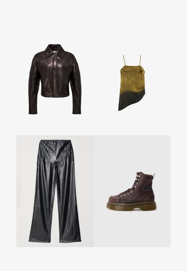 Bruine leren cropped jack met een klassieke kraag, voorzien van verticale naden en lange mouwen, met een gladde, gepolijste textuur.; Satijnen top met spaghettibandjes en asymmetrische zoom, met een kleurverloop van olijfgroen naar zwart en subtiele gestructureerde strepen.; Zwarte neplederen broek met een gladde textuur, wijde pijpen en gestikte details langs de taille en zijkanten. Plat liggende presentatie.; Bruine leren enkelboot met een gestructureerd oppervlak, zilveren ogen en gele stiksels. Voorzien van een stevige doorzichtige zool en een trekband.