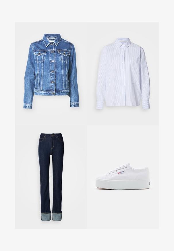 Denimjakke i mellemblå med lange ærmer, to brystlommer, knaplukning og subtilt falmet tekstur. Traditionelt kravedesign.; Lyseblå og hvidstribet langærmet skjorte med button-down krave, som har en afslappet pasform og en glat stofstruktur.; Mørkeblå denimjeans med lige ben, der har opbukket manchet og kontrasterende syninger. Mellemhøj talje med klassisk knaplukning.; Hvide canvas sneakers med en tyk hvid platformssål, rund tå og metaløjelets til snørebånd. Mærkets logo præsenteret på siden.