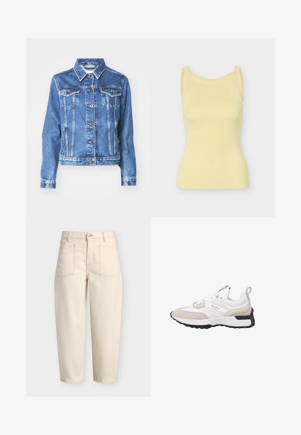 Denimjakke i mellemblå med lange ærmer, to brystlommer, knaplukning og subtilt falmet tekstur. Traditionelt kravedesign.; Ærmeløs ribstrikket tanktop i sart gul med brede skulderstropper og en let buet udskæring.; Beige bukser med høj talje, forlommer med lap, bæltestropper, knaplukning og lige bensnit.; Hvid og beige sneaker med ruskind og mesh-materialer, teksturerede detaljer, en rundet tå og en gummisål. Har logo på siden.