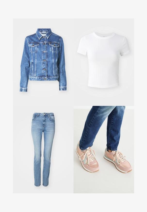Denimjakke i mellemblå med lange ærmer, to brystlommer, knaplukning og subtilt falmet tekstur. Traditionelt kravedesign.; Simpel hvid kortærmet cropped t-shirt med rund halsudskæring, præsenteret på en neutral lys baggrund.; Lyseblå denimjeans med lige ben. Har fem lommer, knaplukning og let falmning på stoffet.; Lyserøde sneakers lavet af ruskind og læder, med lyseblå accenter, rund tå og hvide gummisåler. Snørebåndene er beige.