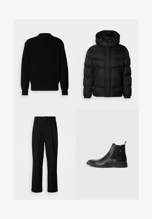 Schwarze Pufferjacke mit Kapuze, mit gestepptem Muster, zwei Fronttaschen und elastischen Bündchen. Hergestellt aus strukturiertem, wasserabweisendem Material.; Schwarzer gerippter Strickpullover mit hohem Kragen, langen Ärmeln und lockerer Passform. Der Stoff zeigt ein strukturiertes Muster über die gesamte Oberfläche.; Schwarze gerade geschnittene Hosen mit einem Knopfverschluss, Gürtelschlaufen und Vorderfalten, vor einem schlichten weißen Hintergrund präsentiert.; Schwarze Leder Chelsea-Boots mit elastischen seitlichen Einsätzen, einer Zugschlaufe und einer flachen Gummisohle. Glatte Textur mit minimaler Ausgestaltung.