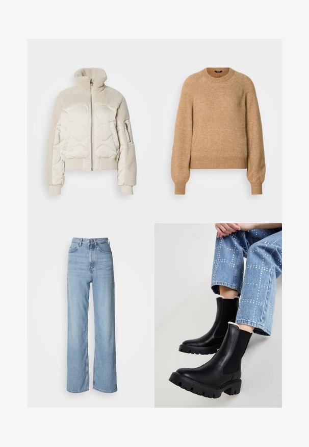 Polstermantel in Creme mit hohem Kragen, strukturierten Sherpa-Akzenten an den Schultern, gerippten Bündchen und einer seitlichen Reißverschlusstasche.; Beige gestrickter Pullover mit Rundhalsausschnitt, Raglanärmeln sowie gerippten Bündchen und Saum. Weicher Stoff und entspannter Schnitt.; Hellblaue hochgeschnittene Jeans mit geradem Bein, aus Denim gefertigt, mit einem Frontknopfverschluss und dezenten Verblassungen.; Schwarze Lederstiefeletten mit elastischen Seiteneinsätzen, strukturierten, klobigen Sohlen und Lammfellfutter am Schaft, kombiniert mit hellblauen, verzierten Jeans.