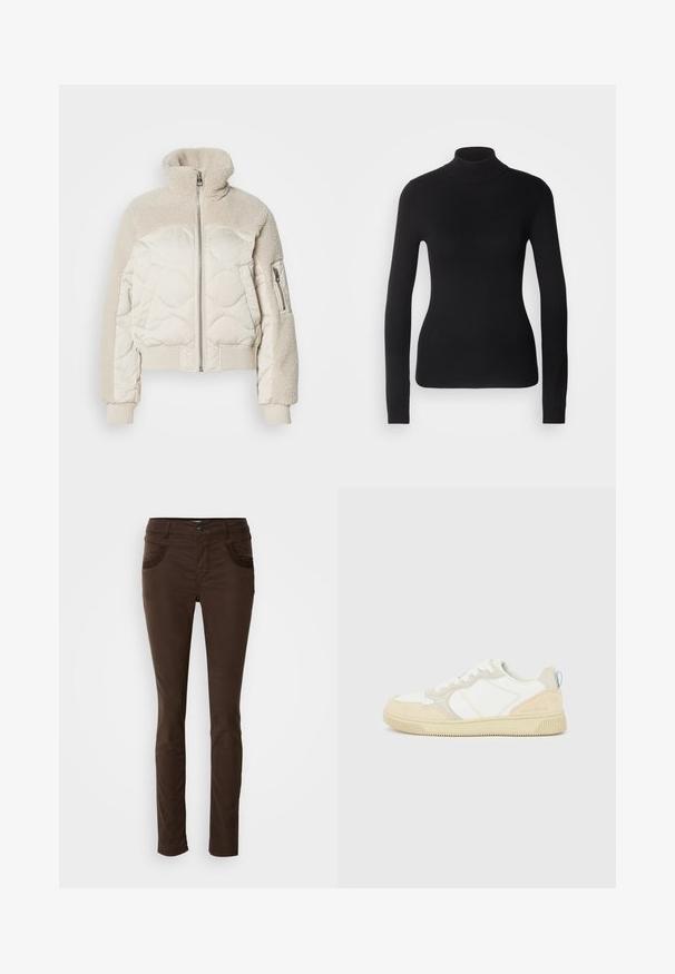 Veste crème rembourrée avec un col haut, accents en sherpa texturé sur les épaules, poignets côtelés et une poche zippée sur le côté.; Pull à col roulé noir en maille légère. Il possède des manches longues, une coupe ajustée et une texture côtelée douce.; Pantalons marron ajustés en tissu mélangé coton. Présente des poches avant avec des coutures décoratives, une fermeture à bouton et une texture lisse.; Baskets blanches et beiges avec dessus en suède et textile, présentant des coutures contrastées, une semelle en caoutchouc et un accent bleu clair sur le talon.