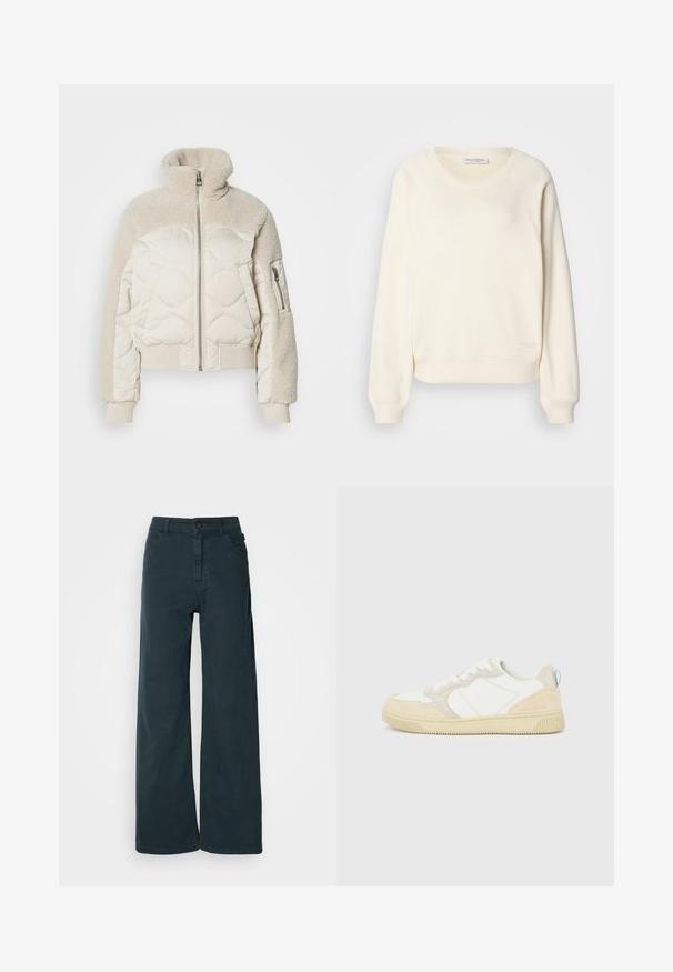 Polstermantel in Creme mit hohem Kragen, strukturierten Sherpa-Akzenten an den Schultern, gerippten Bündchen und einer seitlichen Reißverschlusstasche.; Cremefarbener Pullover aus weichem Stoff, mit Raglanärmeln, gerippten Bündchen und Saum sowie einem dezenten Logo am unteren Rand.; Weite Hose aus dunkelgrauem Baumwollmix mit einer vorderen Knopfverschluss, Gürtelschlaufen und zwei seitlichen Taschen. Glatte Textur mit minimaler Gestaltung.; Weißer und beiger Sneaker mit Obermaterial aus Wildleder und Textil, kontrastierenden Nähten, einer Gummisohle und einem hellblauen Akzent an der Ferse.