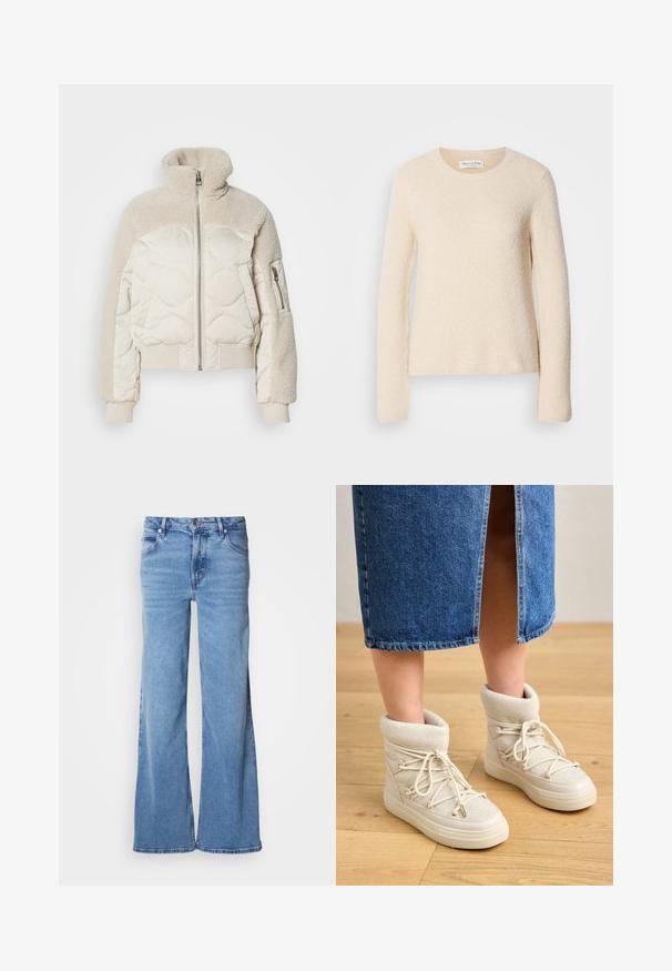 Veste crème rembourrée avec un col haut, accents en sherpa texturé sur les épaules, poignets côtelés et une poche zippée sur le côté.; Pull crème à manches longues en tissu texturé avec un col rond, présentant une finition douce et duveteuse ainsi qu'une coupe décontractée.; Jean large de couleur bleu clair en denim. Doté d'un design classique à cinq poches et d'une braguette à boutons apparents. Texture douce et finition unie.; Bottes beiges à la cheville avec un doux revers en tricot et des lacets blancs. La semelle est épaisse et texturée, associée à une jupe en denim bleu.