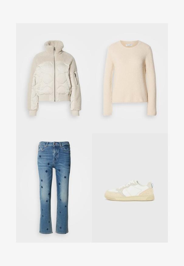 Polstermantel in Creme mit hohem Kragen, strukturierten Sherpa-Akzenten an den Schultern, gerippten Bündchen und einer seitlichen Reißverschlusstasche.; Cremefarbener, langärmeligter Pullover aus strukturiertem Stoff mit rundem Halsausschnitt, der eine weiche, flauschige Oberfläche und eine lockere Passform aufweist.; Hellblaue Jeans aus Denim mit geradem Bein, verziert mit navyblauer floralem Stickerei und einem Used-Look-Effekt nahe den Taschen und dem Saum.; Weißer und beiger Sneaker mit Obermaterial aus Wildleder und Textil, kontrastierenden Nähten, einer Gummisohle und einem hellblauen Akzent an der Ferse.
