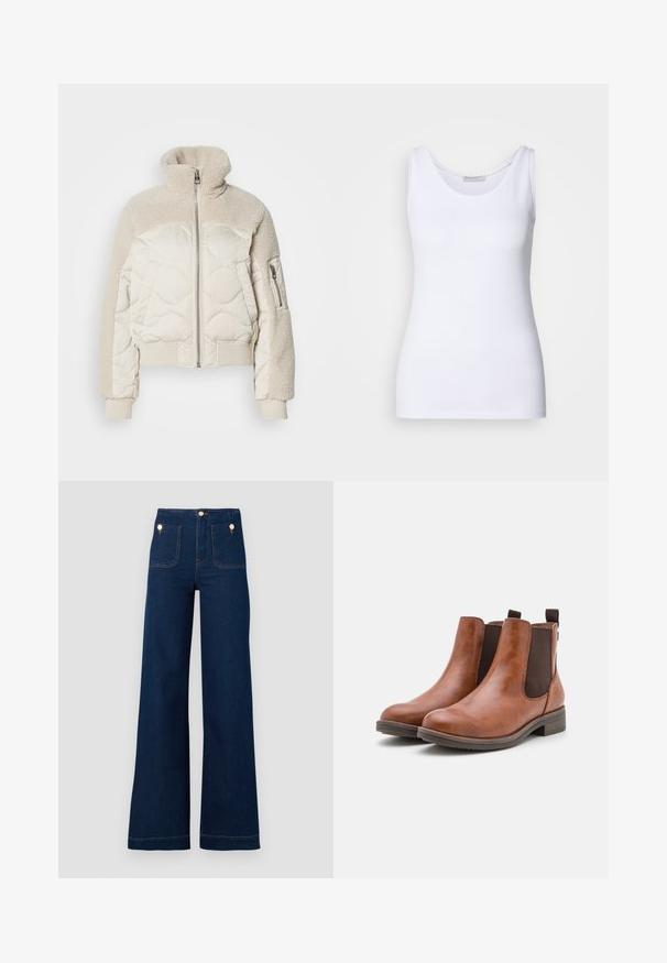 Polstermantel in Creme mit hohem Kragen, strukturierten Sherpa-Akzenten an den Schultern, gerippten Bündchen und einer seitlichen Reißverschlusstasche.; Weißes Tanktop aus glattem, dehnbarem Stoff. Verfügt über einen runden Halsausschnitt und breite Träger. Der Saum sitzt knapp unter der Taille. Keine Muster oder Akzente.; Dunkelblaue, weit geschnittene Jeans mit hoher Taille, goldenen Knopf-Akzenten, zwei Taschen vorne und hinten sowie kontrastierenden Nähdetails. Texturiertem Denim-Stoff.; Braune Leder-Stiefeletten mit elastischen Seitenpaneelen, runder Zehenpartie und niedrigem Holzabsatz. Mit einer Schlaufe für einfaches Anziehen.