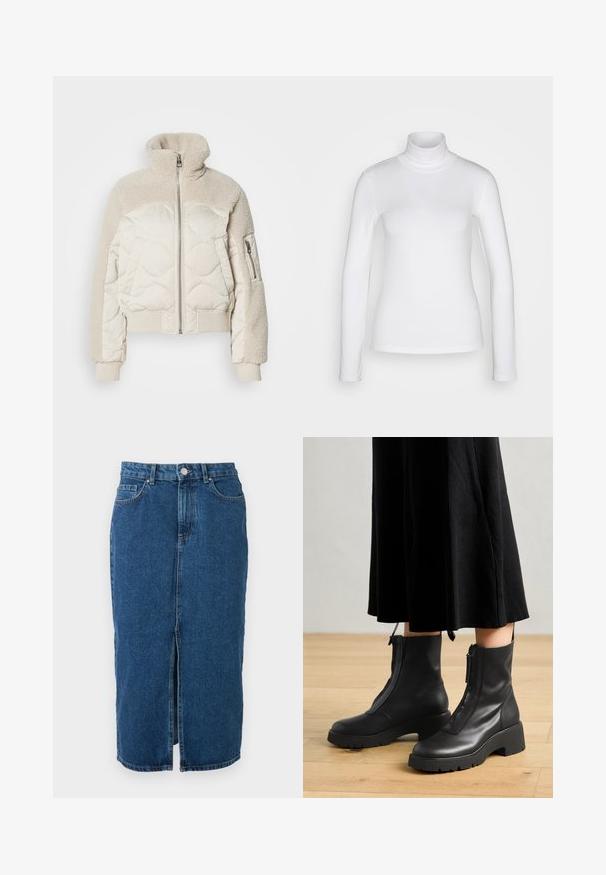 Polstermantel in Creme mit hohem Kragen, strukturierten Sherpa-Akzenten an den Schultern, gerippten Bündchen und einer seitlichen Reißverschlusstasche.; Weißes langärmeliges Rollkragenshirt aus einem glatten, dehnbaren Stoff. Hat eine enganliegende Passform und einen hohen Kragen. Keine sichtbaren Muster oder Akzente.; Midilanger blauer Denimrock mit mittigem Frontschlitz, Gürtelschlaufen, Vordertaschen und Knopfverschluss in der Taille.; Schwarze Lederstiefeletten mit einer dicken Plattformsohle und einem Reißverschluss vorne. Glatte Textur mit einem minimalistischen Design.
