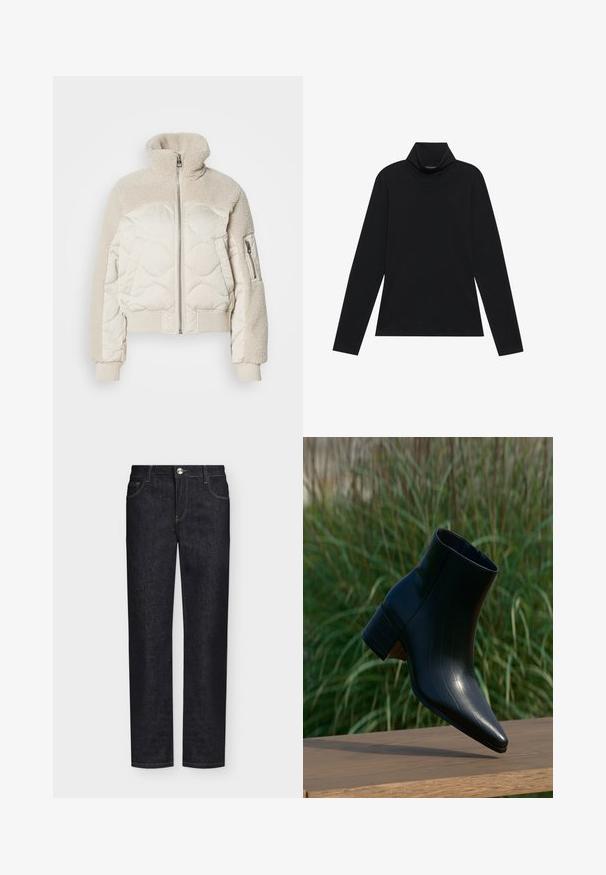Veste crème rembourrée avec un col haut, accents en sherpa texturé sur les épaules, poignets côtelés et une poche zippée sur le côté.; Turtleneck à manches longues noir. Tissu doux, design près du corps, col montant et coutures latérales. Style simple et polyvalent, idéal pour le superposition.; Jean droit noir en denim avec poches avant, passants de ceinture et fermeture par bouton sur fond uni.; Bottine noire en cuir avec un bout pointu et un talon bloc reposant sur une surface en bois, avec une herbe verte haute en arrière-plan.