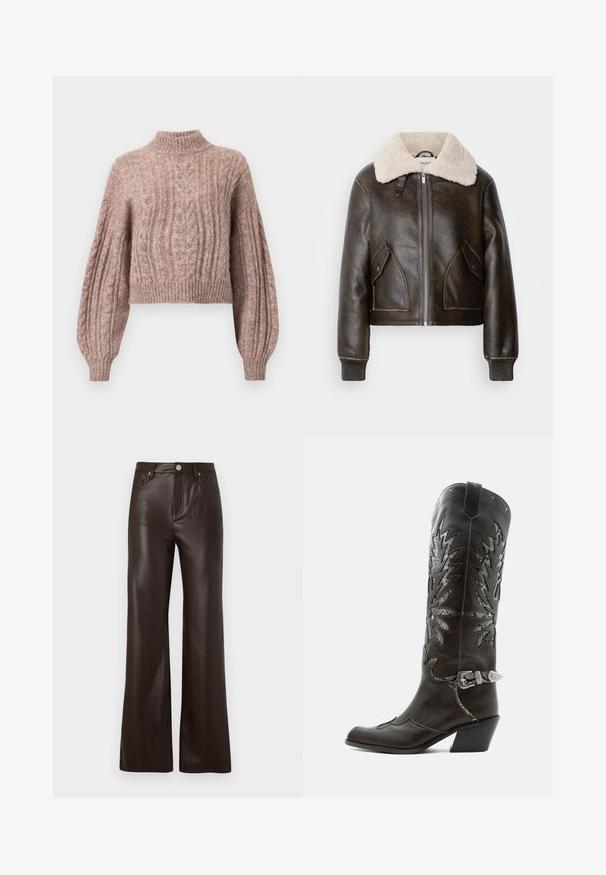 Veste aviateur en cuir marron avec un col en fourrure blanche, dotée d'une fermeture éclair à l'avant, de deux poches frontales et de poignets côtelés. Design court.; Pull en maille cable de couleur rose doux, doté d'un col montant et de manches volumineuses avec des poignets et un ourlet côtelés.; Vero Moda Wide-leg VMTESSA High rise - Pantalon classique - chocolate torte; Botte de cowboy en cuir noir avec découpes décoratives, boucle argentée et talon incliné, présentée sur fond blanc.