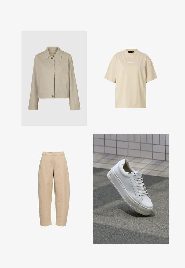 Veste raccourcie beige en tissu texturé. Dotée d'un grand col, d'une fermeture à boutons sur le devant et de poches latérales. Design épuré et minimaliste.; T-shirt beige oversize à manches courtes avec col rond et petit logo blanc "REGARD" centré sur la poitrine.; Pantalon beige taille haute avec bouton devant, fermeture éclair, passants de ceinture, poches en biais et coupe droite.; Baskets blanches en cuir avec un design bas, lacets plats, bout arrondi et côtés texturés. Semelle en caoutchouc épaisse avec des accents subtils.