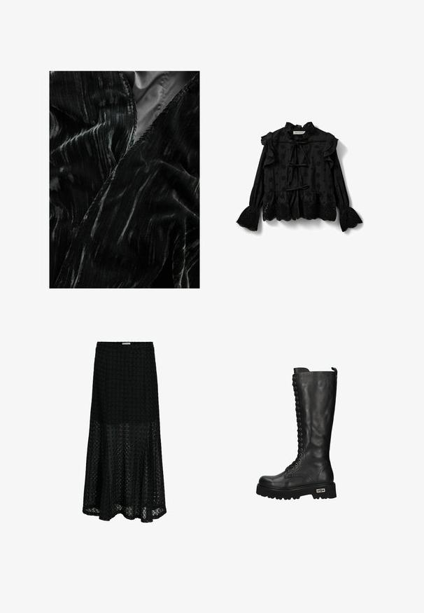 Zwarte fluwelen stof met golvende textuur en subtiele glans. De randen zijn netjes afgewerkt, met een rijk patroon van lichte en donkere strepen.; Zwarte blouse met ruches aan de mouwen, voorzien van geborduurde cirkelpatronen en opengewerkte details aan de zoom en manchetten. Touwtjes bij de halslijn.; Zwarte A-lijn rok met een textuur van bloemmotieven in kant, aangesloten aan taille en heupen, uitlopend onder de knie, gedeeltelijk transparante zoom.; Zwarte leren kniehoge laarzen met een veterfront, een rits aan de zijkant, een robuuste zool met profiel en logodetail op de hak.