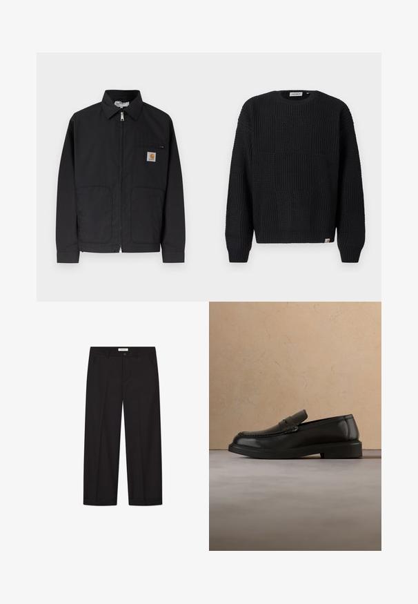 Sort lynlåsskjorte med krave, to forlommer og et lille logopatch på øverste venstre brystlomme.; Sort strikket sweater med et struktureret, patchwork-design. Har rund halsudskæring, lange ærmer og en lille mærkelogo på kanten.; Sorte bredde-ben bukser lavet af glat stof. Har en knap- og lynlåslukning, to forreste lommer og en skarp kant.; Sort læderloafer svæver over et beige flettet tæppe med et rundt træbord og en sofa i baggrunden.