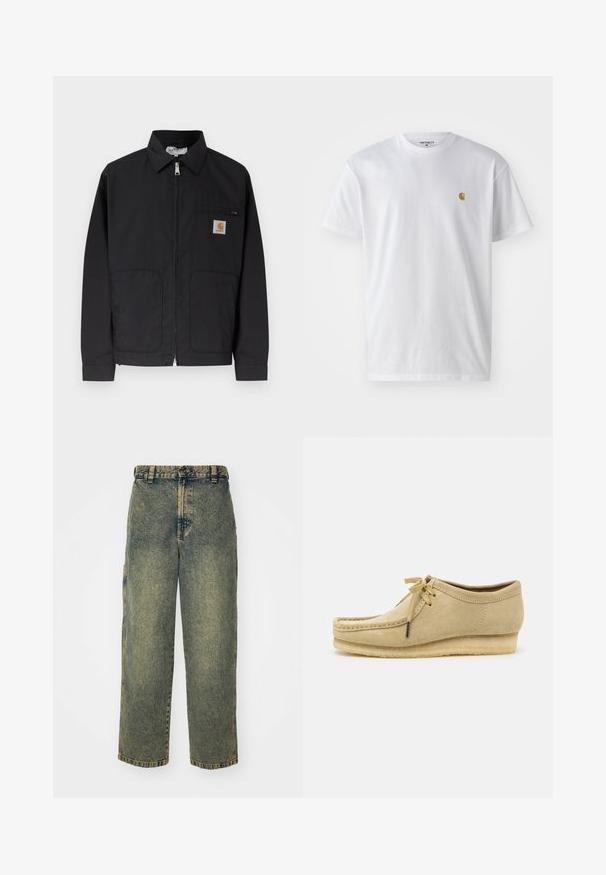 Sort lynlåsskjorte med krave, to forlommer og et lille logopatch på øverste venstre brystlomme.; Hvid bomulds t-shirt med korte ærmer, rund hals og et lille guld logo på venstre brystområde. Blød tekstur og almindelig pasform.; Slidse denim jeans i en falmet blå og grøn vask. Har en knaplukning, bælteløkker og sidelommer. Flad front og lige ben-design.; Beige suedestøvle med snørebåndsdesign, syede detaljer og gummisål. Formen er afslappet med en let hæl.