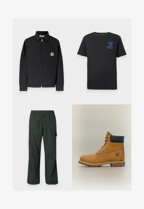 Sort lynlåsskjorte med krave, to forlommer og et lille logopatch på øverste venstre brystlomme.; Sort bomulds t-shirt med korte ærmer med blå tekst "RIDE THE RAILS" på venstre brystområde. Rund hals og standard pasform.; Mørkegrøn cargo bukser med en afslappet pasform, elastisk talje, sydde lommer og en glat, let stofstruktur.; Brun læderankelstøvle med sort krave, gule snørebånd og tanfarvet sål. Har logo og hvide syninger som detalje. Robust ydersål med greb.