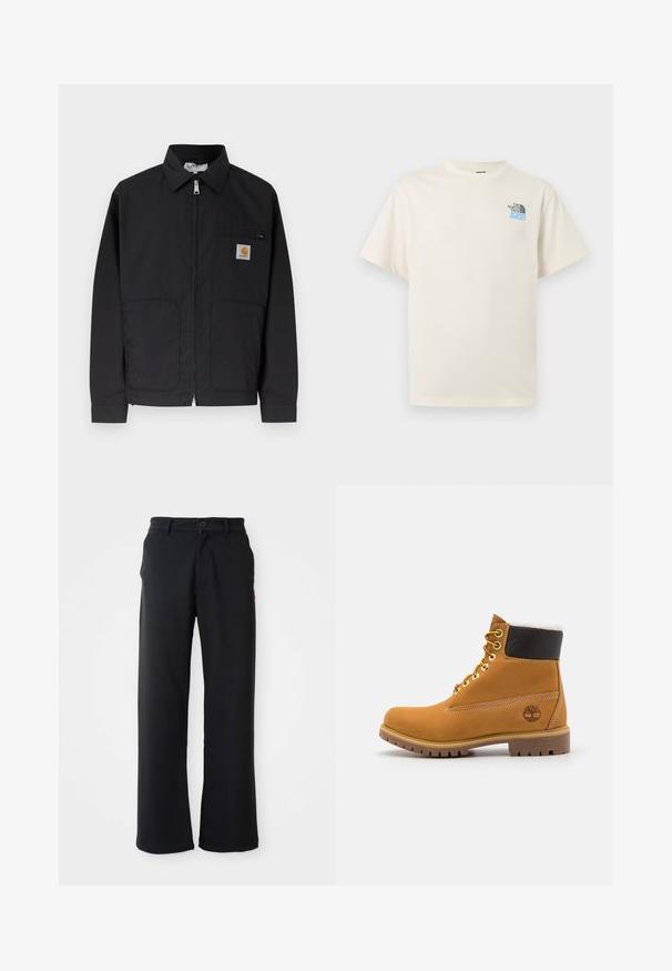Zwarte jas met rits en kraag, twee steekzakken aan de voorkant en een klein logoplaatje op de linkerborstzak.; Off-white T-shirt met korte mouwen, ronde hals en een klein zwartblauw The North Face-logo op de linkerborst.; Zwarte rechte broek met knoop- en ritssluiting, riemlussen en zijzakken, weergegeven tegen een witte achtergrond.; Bruine leren enkellaars met metalen oogjes, witte faux bont voering, zwarte gewatteerde kraag, robuuste zool en een reliëflogo aan de zijkant.