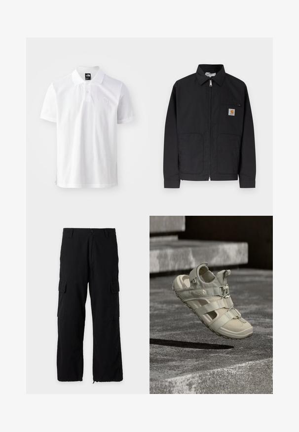 Veste noire zippée avec col, deux poches avant, et petite écusson logo sur la poche poitrine gauche.; Polo shirt blanc en coton, avec une patte de boutonnage à deux boutons, des manches courtes et un logo brodé discret sur la poitrine.; Pantalon cargo noir avec poches à rabat latérales, fermeture par bouton et zip, passants pour ceinture et ourlets réglables.; Sandale d'extérieur beige en matériau léger, dotée de panneaux en mesh, de sangles ajustables et d'une semelle en caoutchouc texturée avec un motif de bande de roulement.