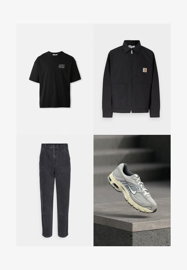 Veste noire zippée avec col, deux poches avant, et petite écusson logo sur la poche poitrine gauche.; T-shirt noir à manches courtes en coton avec un col rond et un logo blanc "XTC VERTERE" sur la partie gauche de la poitrine. Texture lisse.; Jeans en denim noir à taille haute, coupe droite et grandes poches avant. Présente des coutures contrastées et aucun logo visible.; Chaussure de course Nike grise et blanche avec semelle rembourrée, en suspension au-dessus d'une marche en béton dans un environnement extérieur.