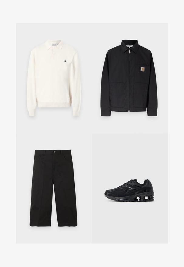 Veste noire zippée avec col, deux poches avant, et petite écusson logo sur la poche poitrine gauche.; Polo à manches longues de couleur blanc cassé avec deux boutons, poignets côtelés, col et petit logo Carhartt noir sur le côté gauche de la poitrine.; Shorts noirs mi-cuisse avec poches avant, passants pour ceinture et fermeture par bouton sur un fond uni.; Chaussure de sport noire avec une tige en mesh, un col rembourré et une technologie d'amorti proéminente au talon. Caractérisée par des accents texturés et des lacets.