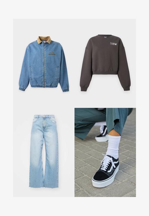 Lyseblå denimjakke med tan farvet kordfløjls-krave, forreste lynlås, elastiske manchetter og kant, to sidelommer og Billabong-logo på brystet.; Mørkebrun cropped sweatshirt med lange ærmer og "New Balance Athletics" logo på øverste venstre bryst.; Lyseblå vidde jeans lavet af denim, med høj talje, falmede detaljer, knaplukning og rå kant i bunden.; Sorte ruskinds sneakers med hvide accenter og snørebånd, der har en tyk hvid sål og kontrasterende syninger, parret med en hvid sok.