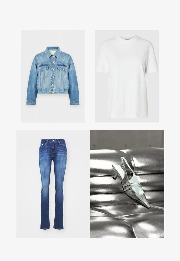 Chaqueta de mezclilla azul con mangas largas, cierre frontal con botones, dos bolsillos en el pecho con solapa y cuello clásico sobre fondo blanco.; Camiseta de algodón blanca con mangas cortas y escote redondo. Presenta un corte relajado y un diseño minimalista sin patrones ni acentos.; Vaqueros de denim de un azul oscuro con un diseño deslavado, piernas rectas, cinco bolsillos y cremallera. Costuras y detalles cosidos a lo largo de las costuras y los bolsillos.; Zapato de tacón alto con tira trasera y dos hebillas en plata, descansando sobre una superficie de cuero plateado brillante y acolchada.