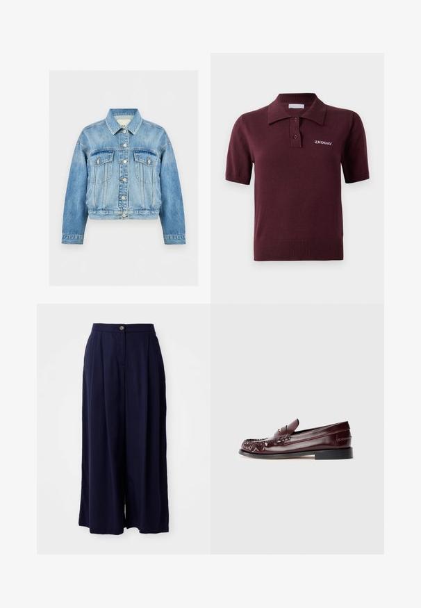 Blå denimjakke med lange ærmer, knapper foran, to brystlommer med klap, og klassisk krave på hvid baggrund.; Bordeaux kortærmet polo skjorte med ribbet krave og søm, der har to knapper og broderet "2ND DAY" på venstre bryst.; Marineblå vide bukser med høj talje, frontknaplukning og plisserede detaljer på hvid baggrund.; Burgunderfarvet læder penny loafer med sort sål og guldfarvet metal detalje på vamp, vist i sidevisning på hvid baggrund.