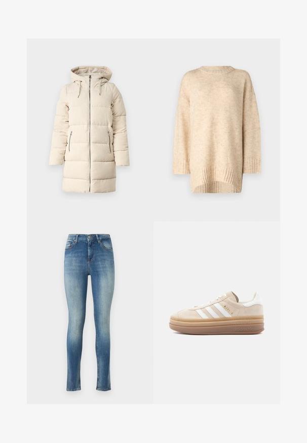 Beige pufferjas met een gestructureerd ribfluwelen patroon, rits aan de voorkant, verstelbare capuchon en twee zijzakken met rits, met een lange, getailleerde pasvorm.; Beige gebreide trui met een geribbelde ronde halslijn, verlaagde schouders en een langere achterkant. Zachte textuur met een subtiel patroon.; Skinny jeans van lichtblauw denim. Heeft een medium hoge taille, vijf zakken en een lichte vervaging aan de voorkant en achterkant voor een versleten look.; Beige suède sneaker met witte leren accenten, voorzien van drie witte strepen, een gouden logo en een dikke, doorschijnende rubberen zool.