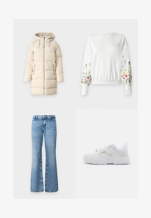 Beige pufferjas met een gestructureerd ribfluwelen patroon, rits aan de voorkant, verstelbare capuchon en twee zijzakken met rits, met een lange, getailleerde pasvorm.; Witte sweatshirt met ronde halslijn en ribgebreide manchetten, voorzien van kleurrijke bloemembroidered langs de mouwen in verschillende tinten.; Lichtblauwe spijkerbroek met uitlopende pijpen, voorzien van een voorknopsluiting, vijf zakken en subtiele vervagingen door de stof.; Witte sneakers met een chunky ontwerp, gemaakt van leren en synthetische materialen, met textuurovereenkomsten, veters en een prominent logo in goud.
