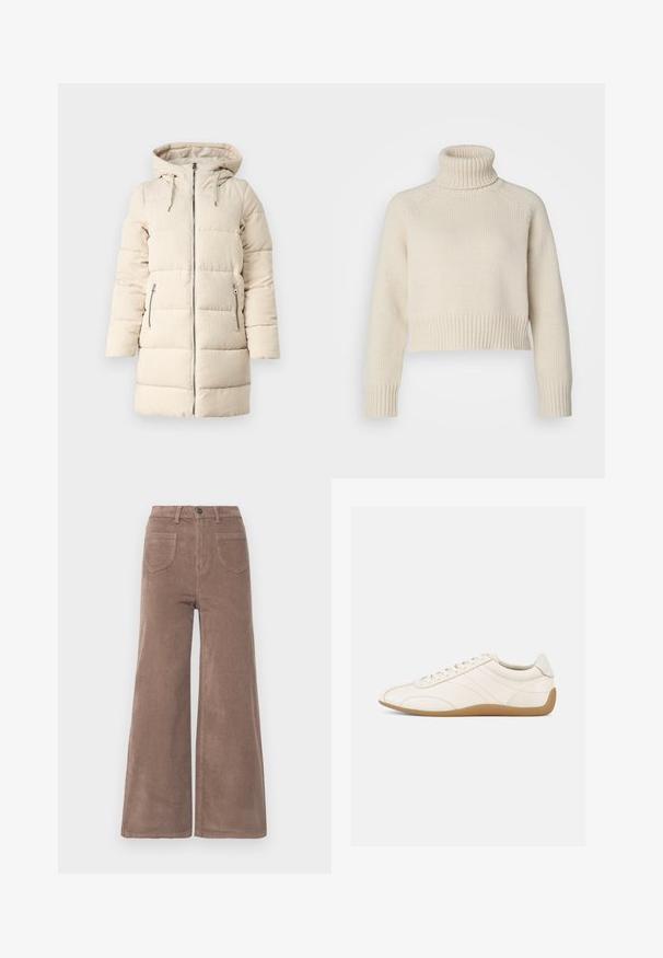 Manteau matelassé beige avec un motif en velours côtelé texturé, fermeture éclair sur le devant, capuche ajustable et deux poches latérales zippées, présentant une coupe longue et ajustée.; Pull en tricot crème avec un col roulé côtelé haut, longueur cropped, et des poignets et un ourlet côtelés. Texture lisse avec un motif uni.; Pantalons large en velours côtelé marron avec taille haute, dotés d'une fermeture à bouton, de deux poches arrière et d'une texture rayée verticale.; Baskets en cuir blanc à texture lisse, bout arrondi et coutures ton sur ton. Elles comportent une semelle en caoutchouc beige et une fermeture à lacets.