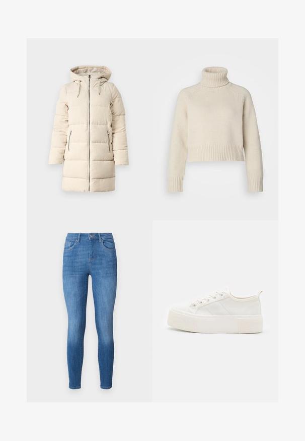 Beige puffer jope, millel on tekstuuriga kootud muster, lukuga eesmine osa, reguleeritav kapuuts ja kaks külgmist lukuga taskut, omades pikka, keha järgivat disaini.; Kreemjas toonis kootud sviiter kõrge ribaga kaelusega, lühikeses pikkuses ning ribatud varrukate ja äärtega. Sile tekstuur ühtlase mustriga.; Kitsad teksad keskmises sinises denimis, kõrge vöökoht, viis taskut, kerge hõõrdumine ja üks nupuvajutus vöökoha juures.; Valged kanvas spordijalatsid, millel on tekstureeritud ja paks tald, lame nöörimine, külgstriibid ning kandmiseks mugavuse tagamiseks kanna peal silt.