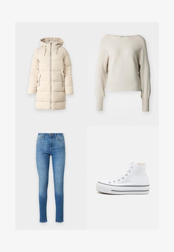 Beige pufferjakke med et tekstureret kordfløjsmønster, lynlås foran, justerbar hætte og to sidelommer med lynlås, der har et langt, tætsiddende design.; Beige ribbet sweater med bred udskæring, lange ærmer og tætsiddende manchetter. Blød tekstur med subtile vandrette striber. Mærket synligt.; Slanke jeans i medium blå denim. Høj talje, fem-lomme design, med subtile slidmærker. Syninger fremhæver sømme og kant.; Hvide høj-top sneakers lavet af kanvasmateriale, sort gummisål og kontrasterende sort stribe på mellemsålen. Rund tåhætte og snørebåndsdesign.