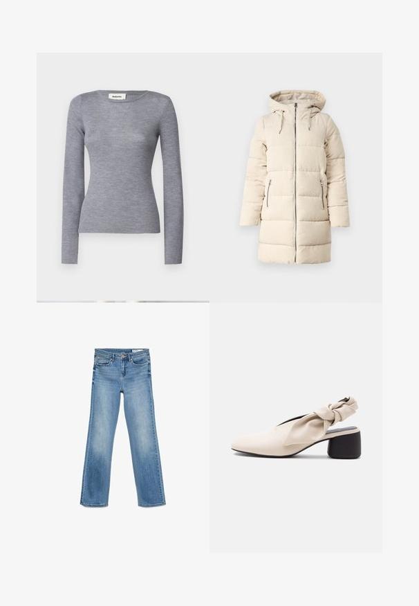 Beige pufferjakke med et tekstureret kordfløjsmønster, lynlås foran, justerbar hætte og to sidelommer med lynlås, der har et langt, tætsiddende design.; Grå ribbet langærmet bluse med rund halsudskæring og tætsiddende silhuet. Stoffet har en glat tekstur og en subtile glans.; Lysblå denim jeans med klassisk fem-lomme design, knap- og lynlåslukning samt lige pasform.; Beige damesko med lav hæl, spids tå og en snoet remdetalje over vristen og hælen.