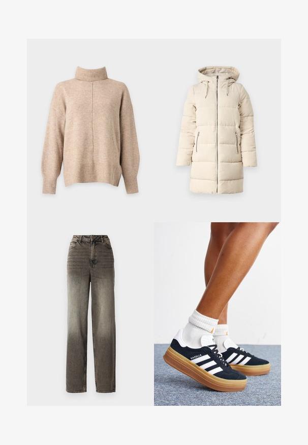 Manteau matelassé beige avec un motif en velours côtelé texturé, fermeture éclair sur le devant, capuche ajustable et deux poches latérales zippées, présentant une coupe longue et ajustée.; Pull beige à col roulé en maille, manches longues, poignets côtelés, ourlet et une couture verticale centrale à l'avant.; Jean gris à jambes larges avec une finition en denim délavé. Avec une taille haute, cinq poches et une fermeture à bouton classique. Tissu texturé avec des coutures visibles.; Jambes portant des chaussettes blanches et des baskets Adidas Gazelle noires avec des bandes blanches et des semelles épaisses marron sur un sol recouvert de moquette grise.