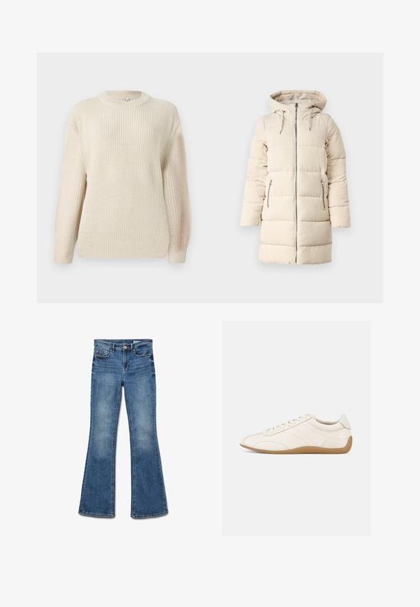 Manteau matelassé beige avec un motif en velours côtelé texturé, fermeture éclair sur le devant, capuche ajustable et deux poches latérales zippées, présentant une coupe longue et ajustée.; Pull en maille épaisse crème avec un col rond, des manches prolongées et une finition texturée. Présente un léger côte et une coupe décontractée.; Jean en denim bleu évasé avec une taille mi-haute, présentant une finition soignée, une texture délavée et un design traditionnel à cinq poches.; Baskets en cuir blanc à texture lisse, bout arrondi et coutures ton sur ton. Elles comportent une semelle en caoutchouc beige et une fermeture à lacets.