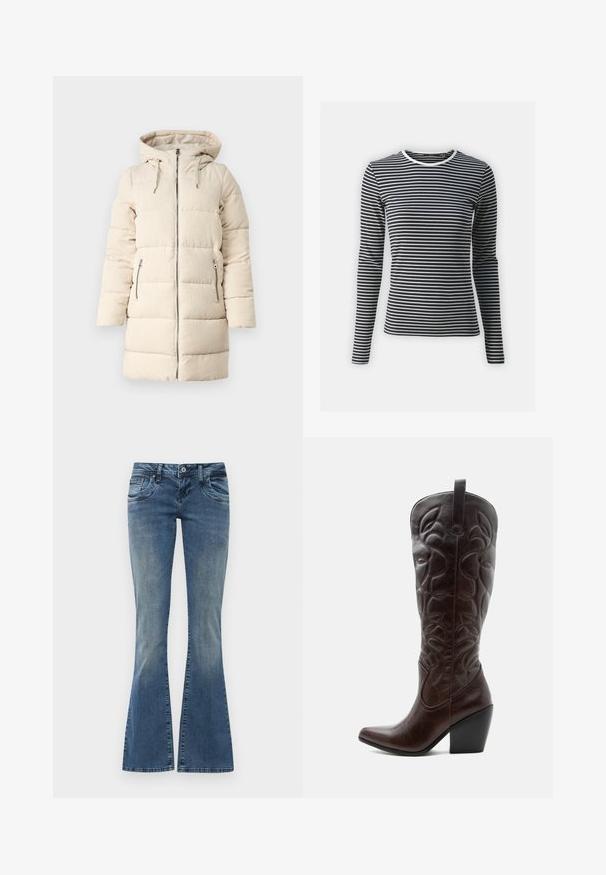 Beige Steppjacke mit strukturiertem Cordmuster, Reißverschluss vorne, verstellbare Kapuze und zwei seitlichen Reißverschlusstaschen, mit einem langen, enganliegenden Design.; Langärmliges Oberteil in schwarz-weiß mit horizontalen Streifen, mit Rundhalsausschnitt und geripptem Textur. Aus dehnbarem Stoff gefertigt.; Ausgeweitete blaue Jeans aus Denim mit einer ausgewaschenen Optik, ausgestattet mit Fronttaschen, einem Knopfverschluss und dezenten Abnutzungen am Knie.; Hoher dunkelbrauner Leder-Cowboystiefel mit gestickten dekorativen Mustern, spitzer Spitze und gestapeltem Blockabsatz.