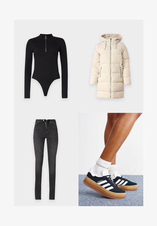 Beige pufferjakke med et tekstureret kordfløjsmønster, lynlås foran, justerbar hætte og to sidelommer med lynlås, der har et langt, tætsiddende design.; Noisy May NMTONI BODY - Langærmet T-shirt - black; Sorte højtaljede skinny jeans lavet af denim, med lynlås, fem-lomme design og glat tekstur med let falmning.; Ben iført hvide sokker og sorte Adidas Gazelle sneakers med hvide striber og tykke brune såler på et gråt tæppe.
