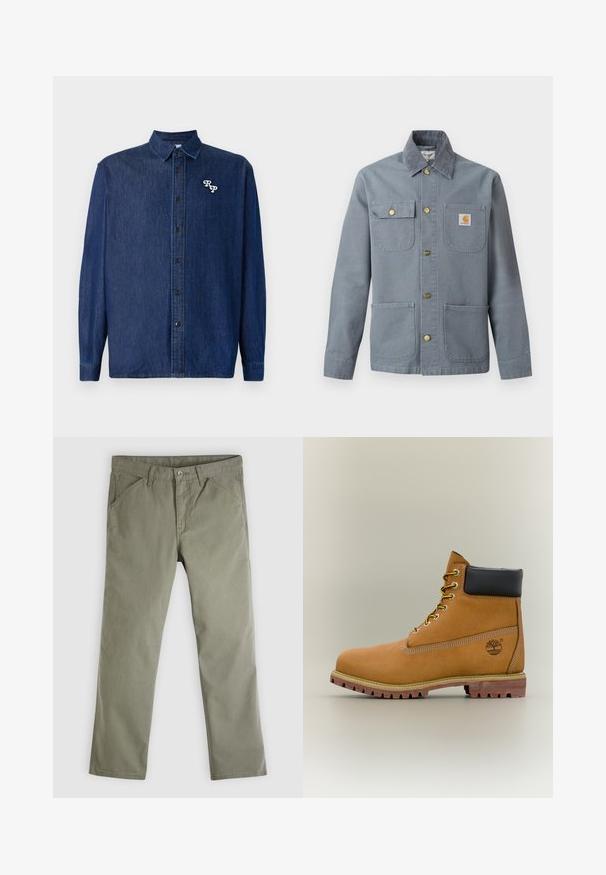 Grå arbejdsskjortejakke med fire forlommer, én klaplomme med knap, Carhartt-logo patch på brystlommen og ribkrave.; Mørkeblå denimskjorte med knappelukning foran, lange ærmer og spids krave. Har en hvid broderet "RP"-logo.; Herrebukser med lige ben i olivengrøn, afslappet stil med lommer foran og bagpå, knaplukning og bæltestropper.; Brun læderankelstøvle med sort krave, gule snørebånd og tanfarvet sål. Har logo og hvide syninger som detalje. Robust ydersål med greb.