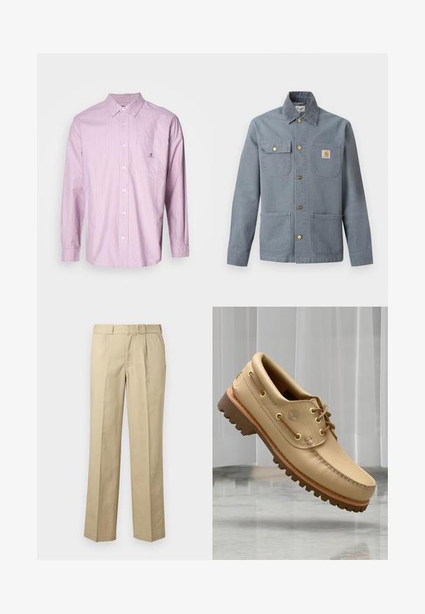 Chaqueta de trabajo gris con botones, cuatro bolsillos frontales, un bolsillo con solapa y botón, parche con el logo de Carhartt en el bolsillo del pecho y cuello de pana.; Camisa de botones de manga larga en rosa claro con rayas verticales blancas, tela de algodón, cuello, bolsillo frontal y detalle de logo en el bolsillo.; Pantalones de vestir beige de pierna recta con trabillas para cinturón, pinzas delanteras y bolsillos laterales sobre un fondo liso.; Zapato náutico de cuero marrón claro con suela gruesa y estriada y detalles de cordones, flotando sobre un suelo de mármol y un fondo de persianas verticales blancas.
