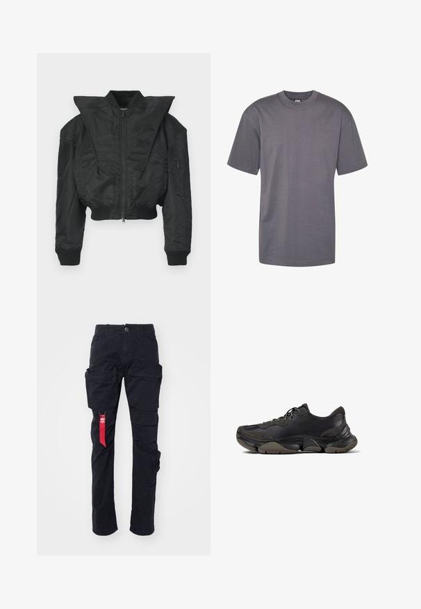 Cazadora bomber negra de diseño corto, con cuello ancho, puños acanalados y bolsillo lateral con cremallera. Fabricada con tejido suave y ligero.; Camiseta de algodón gris con cuello redondo y mangas cortas, que presenta un diseño sencillo y un dobladillo recto, adecuada para un uso casual.; Pantalones cargo negros con múltiples bolsillos laterales, un pasador para cinturón y una etiqueta de tela roja en el lado izquierdo. Hechos de un material de algodón duradero.; Zapatilla deportiva negra con suela texturizada, parte superior de cuero y gamuza, cuello acolchado y cierre con cordones, mostrada en perfil lateral.