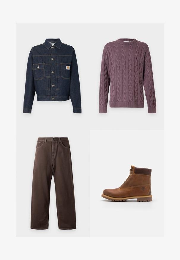 Veste en denim bleu foncé avec boutonnière à l'avant, deux poches poitrine—une avec rabat à bouton, l'autre avec une petite étiquette sur la poche droite.; Pull en maille torsadée mauve, avec un col rond et des poignets côtelés, agrémenté d'un petit logo sur la poitrine pour plus de détails.; Pantalons larges marron en coton, avec un design classique à cinq poches, une fermeture éclair et des détails de couture visibles.; Botte de randonnée en cuir marron avec une finition lisse, cheville rembourrée, œillets en métal et semelle en caoutchouc dotée d'un motif de crampons robuste.