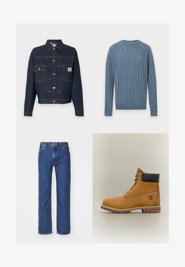 Mørkeblå denimjakke med knaplukning foran, to brystlommer—én med knapklap, den anden med et lille mærke på højre lomme.; Blå strikket sweater med kabelmønster, lange ærmer samt ribbede manchetter og kant.; Straight-leg blå denim jeans med frontknap, lynlås, bæltestropper og fem-lomme design på en ensfarvet hvid baggrund.; Brun læderankelstøvle med sort krave, gule snørebånd og tanfarvet sål. Har logo og hvide syninger som detalje. Robust ydersål med greb.