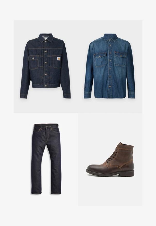 Dunkelblaue Jeansjacke mit Knopfleiste, zwei Brusttaschen – eine mit Knopflappe, die andere mit einem kleinen Etikett auf der rechten Tasche.; Denim-Hemd mit langen Ärmeln, Knopfleiste, zwei Brusttaschen und Knopf-Manschetten in einer mittleren blauen Waschung.; Dunkelblaue Jeans aus Denim mit geradem Schnitt, Fünf-Taschen-Design, metallischen Komponenten und kontrastierenden orangen Nähten. Glatte Textur, keine sichtbaren Muster.; Jack & Jones JFWDELANEY BOOT - Schnürstiefelette - cognac