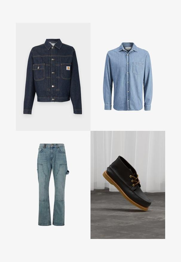 Chaqueta de mezclilla azul oscuro con cierre de botones, dos bolsillos en el pecho: uno con solapa y botón, y el otro con una pequeña etiqueta en el bolsillo derecho.; Camisa de mezclilla de color azul claro con cuello button-down, mangas largas, un bolsillo en el pecho y logo bordado en el bolsillo.; Pantalones cargo de mezclilla azul claro con un diseño de pierna recta, que cuentan con múltiples bolsillos y un cierre de botón en la cintura.; Zapatos de cuero negro con un acabado suave, punta redonda, cordones marrones y suelas de goma marrón claro. Logo embossado en el costado.