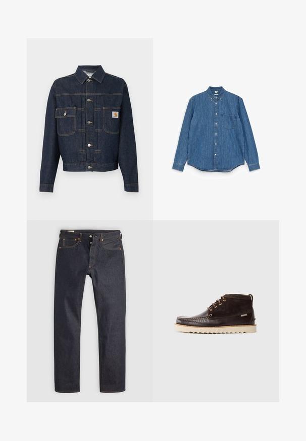 Veste en denim bleu foncé avec boutonnière à l'avant, deux poches poitrine—une avec rabat à bouton, l'autre avec une petite étiquette sur la poche droite.; Chemise en denim bleu à manches longues avec un col pointu, des boutons blancs, une poche poitrine unique et un ourlet droit. Texture uniforme et poids moyen.; Jean en denim bleu foncé à coupe droite, avec des coutures orange et un style classique à cinq poches. Fermeture par bouton et braguette à glissière.; Bottine en cuir et daim marron foncé avec une semelle crantée beige et un laçage à trois œillets sur fond blanc.