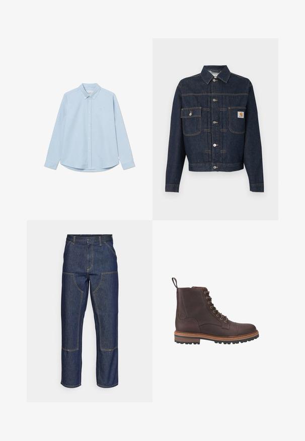 Dunkelblaue Jeansjacke mit Knopfleiste, zwei Brusttaschen – eine mit Knopflappe, die andere mit einem kleinen Etikett auf der rechten Tasche.; Himmelblaues langärmliges Button-up-Hemd mit spitzem Kragen, einem einzelnen Brustlogo und abgerundetem Saum. Hergestellt aus glattem Gewebe mit schlichter Textur.; Dunkelblaue Jeans aus Denim mit hoher Taille, geradem Bein-Design, kontrastierenden Nähten und aufgesetzten Taschen auf der Vorderseite.; Braune Leder-Stiefeletten mit Schnürung, strukturierter Oberfläche, kontrastierenden beigen Sohlen und Metallösen. Verfügen über eine Lasche zum einfachen An- und Ausziehen.