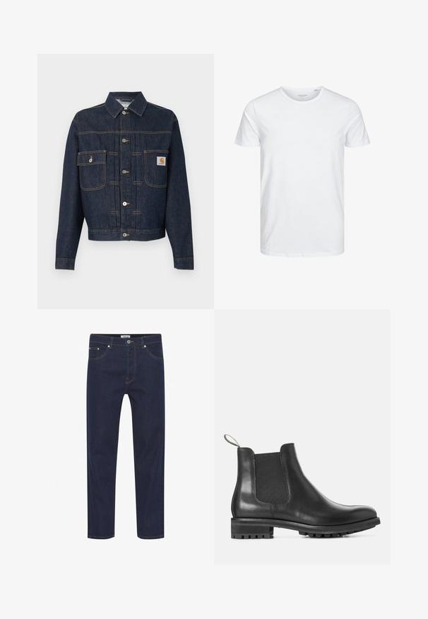 Dunkelblaue Jeansjacke mit Knopfleiste, zwei Brusttaschen – eine mit Knopflappe, die andere mit einem kleinen Etikett auf der rechten Tasche.; Rundhals-T-Shirt mit kurzen Ärmeln in reinem Weiß, aus weicher Baumwolle, mit einem schlichten Design ohne sichtbare Muster oder Akzente.; Dunkelblaue Jeans mit geradem Schnitt, versehen mit heller Stickerei, fünf Taschen und einem Knopfverschluss an der Taille. Glatte Textur.; Schwarze Leder-Chelsea-Stiefel mit elastischen Seitenpaneelen, runder Zehenpartie und einer Gummisohle mit strukturiertem Profil für besseren Halt.